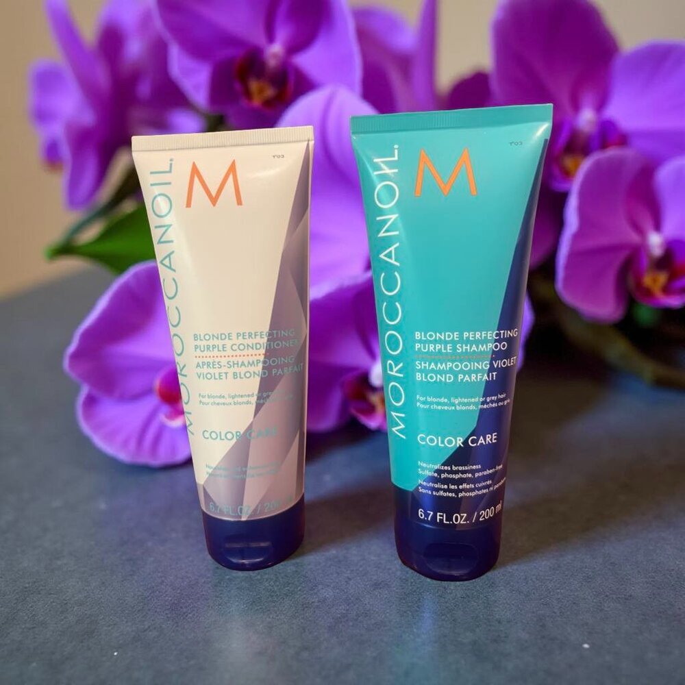 MoroccanOil Blonde Love Perfecting Purple Shampoo Conditioner 2.4 oz
